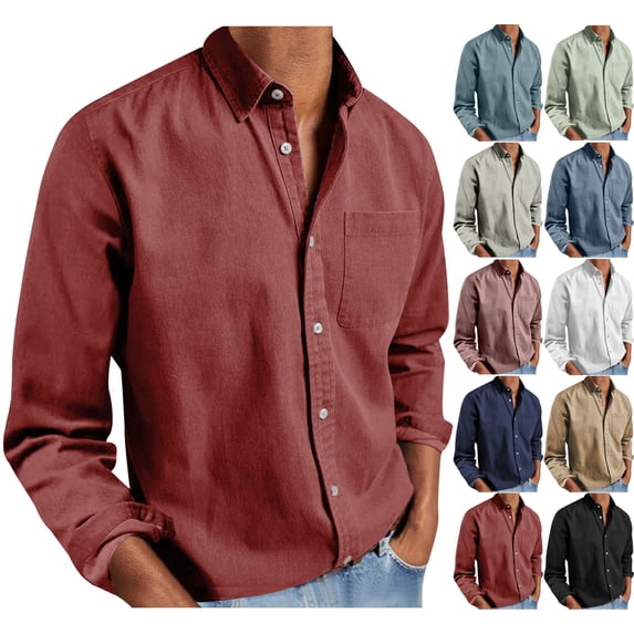 Danhjin Button Down Shirts for Men Long Sleeve Collared Casual Solid Color Tops Fashion Beach Going out Comfy Soft Shirs with Pocket