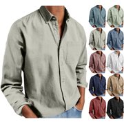 Danhjin Button Down Shirts for Men Long Sleeve Collared Casual Solid Color Tops Fashion Beach Going out Comfy Soft Shirs with Pocket