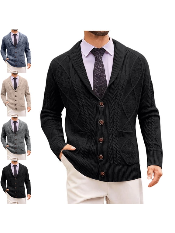 Button Down Sweater Jackets for Men V Neck Long Sleeve Cable Knit Cardigan Casual Warm Stretchy Fall Winter Outwear Fashion Coat