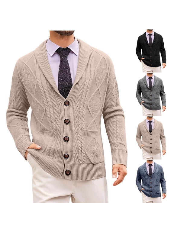 Button Down Sweater Jackets for Men V Neck Long Sleeve Cable Knit Cardigan Casual Warm Stretchy Fall Winter Outwear Fashion Coat