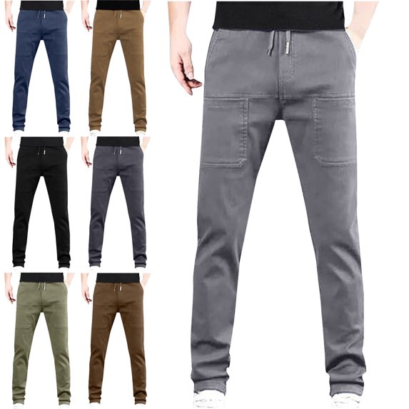 Danhjin Cargo Pants for Men Elastic Waist with Drawstring Straight Leg Casual Hiking Camping Loose Work Pants Solid Color Multi Pockets Trousers