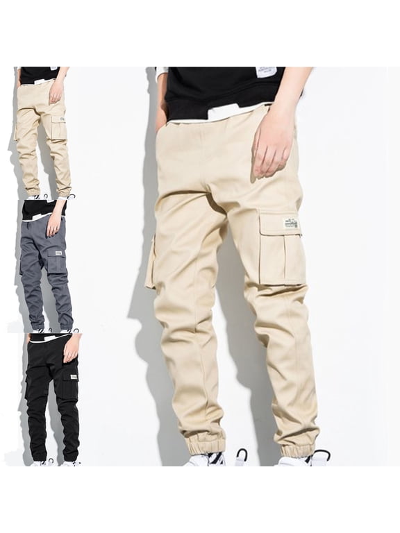 Cargo Pants for Men Slim Straight Leg Casual Hiking Camping Work Pants Solid Color Multi Pockets Trousers