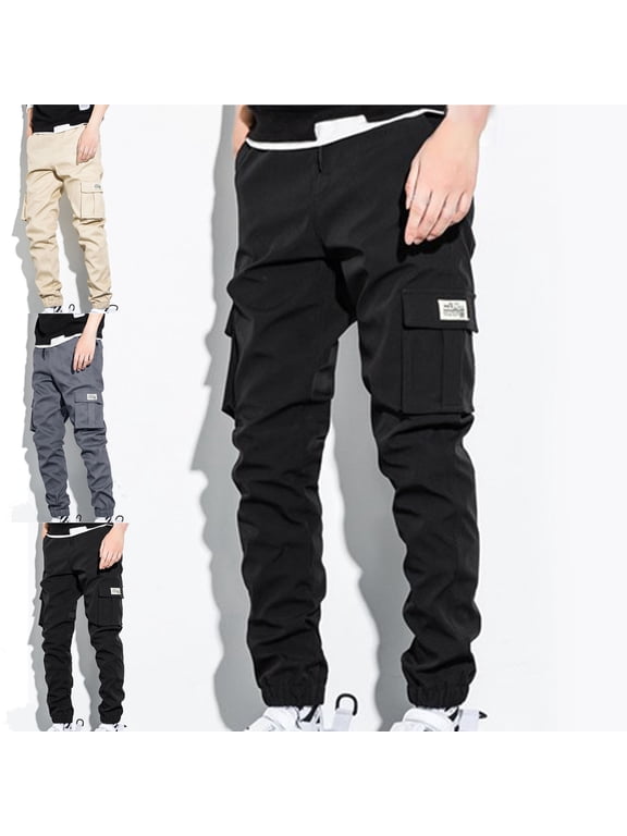 Cargo Pants for Men Slim Straight Leg Casual Hiking Camping Work Pants Solid Color Multi Pockets Trousers