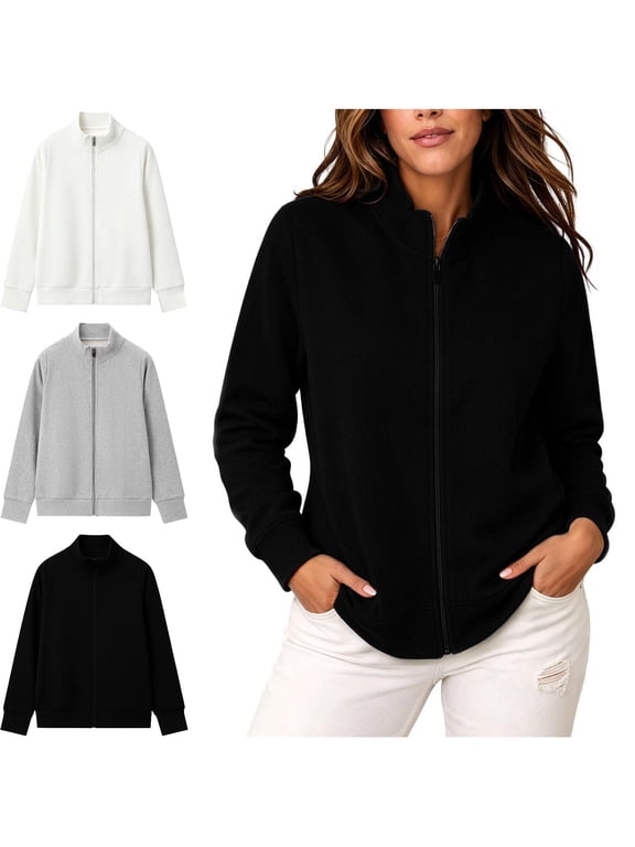Casual Jackets for Women Full Zipper Fall Winter Long Sleeve Solid Color Comfy Fashion Stand Collar Coat Going out Outerwear