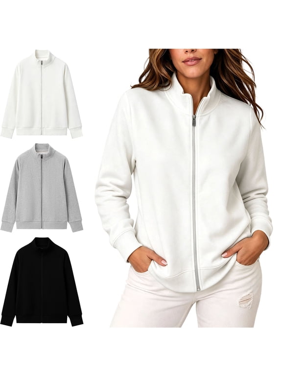 Casual Jackets for Women Full Zipper Fall Winter Long Sleeve Solid Color Comfy Fashion Stand Collar Coat Going out Outerwear