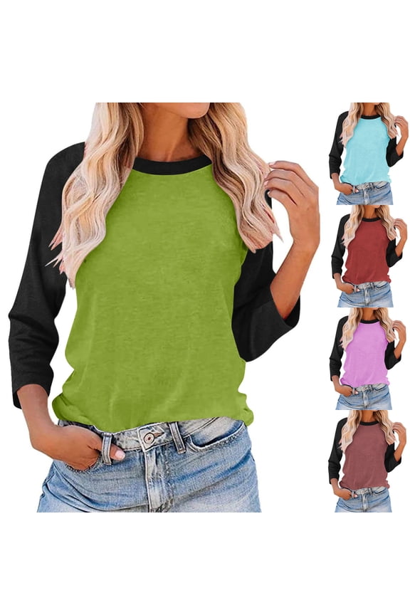 Casual Shirts for Women Raglan Long Sleeve Crew Neck Color Block Fashion Pullover Tops Fall Winter Spring Loose Blouses Casual T Shirts