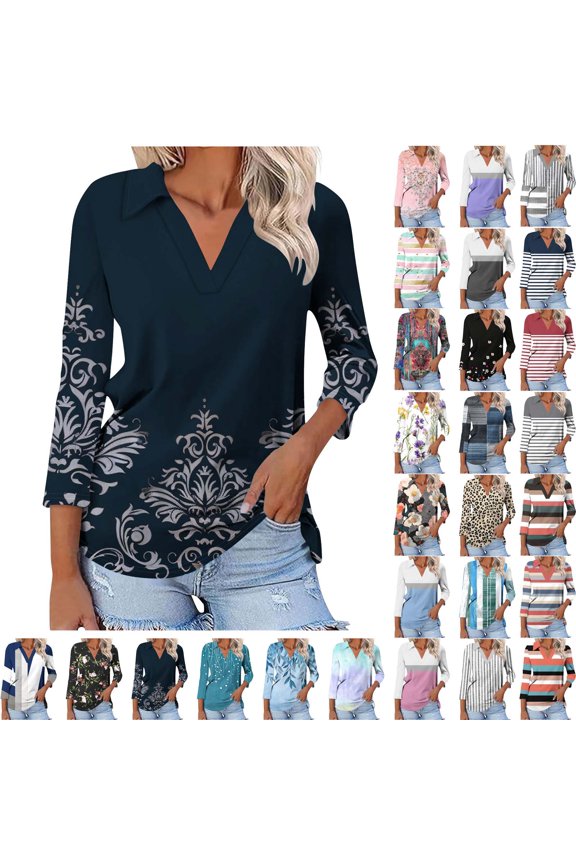 Casual Shirts for Women V Neck Collared Print Pullover Fashion Tops 3/4 Sleeve Fall Summer Spring Comfy T Shirts Going out Tees Blouses