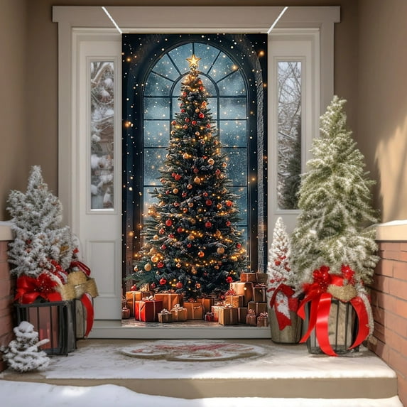 Danhjin Christmas Door Cover Decorations, Front Door Cover with Christmas Tree Patterns, Easy Install for Home Party Outdoor, Reusable Xmas Decor 35 X 71 Inch