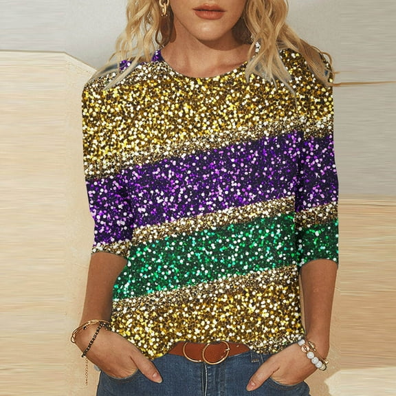 Danhjin Christmas Shirts for Women Casual 3/4 Length Sleeve Cre W Neck Tops Printed Loose Basic Tees