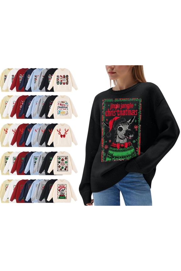 Christmas Sweater Tops for Women Funny Print Oversized Crew Neck Long Sleeve Fall Winter Pullover Tunic Cute Shirts Fashion Comfy Soft Cozy Loungewear Outdoor Knitwear Blouses
