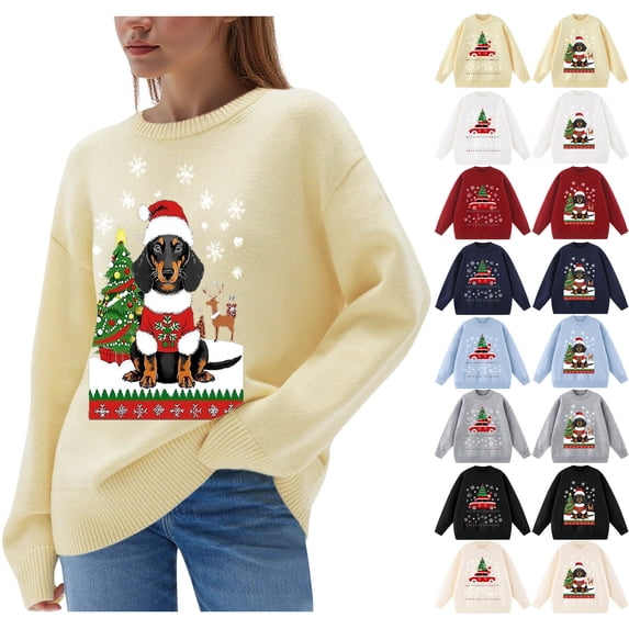 Danhjin Christmas Sweater Tops for Women Print Oversized Crew Neck Long Sleeve Fall Winter Pullover Shirts Fashion Comfy Soft Loose Cozy Loungewear Outdoor Knitwear Blouses