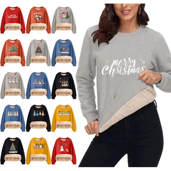 Danhjin Christmas Sweatshirts for Women Fleece Lined Festive Print Oversized Pullover Tops Long Sleeve Loose Crew Neck Fall Winter Fashion Casual Warm Shirts