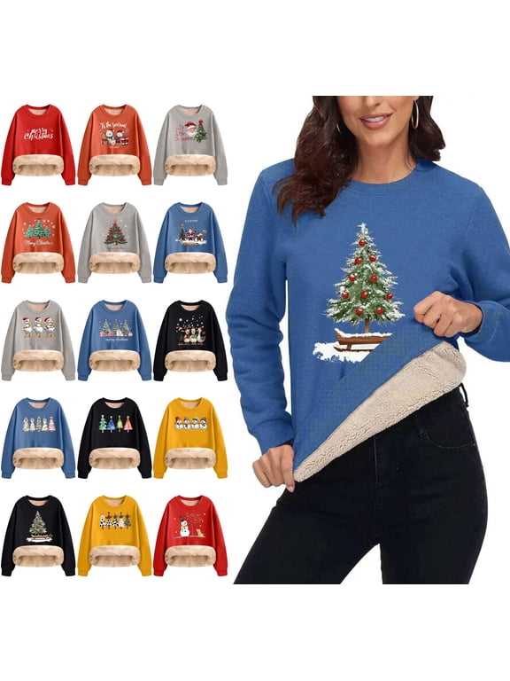 Christmas Sweatshirts for Women Fleece Lined Festive Print Oversized Pullover Tops Long Sleeve Loose Crew Neck Fall Winter Fashion Casual Warm Shirts