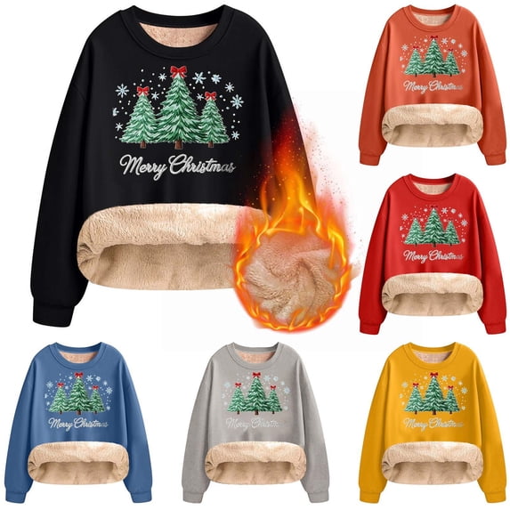 Danhjin Christmas Sweatshirts for Women Fleece Lined Festive Print Oversized Pullover Tops Long Sleeve Loose Crew Neck Fall Winter Fashion Casual Warm Shirts