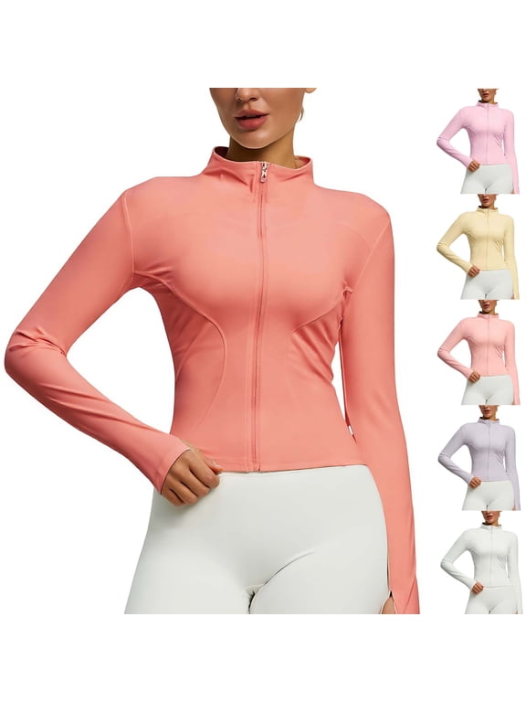 Cropped Althetic Jackets for Women Stretchy Yoga Workout Full Zipper Slim Long Sleeve with Thumb Hole Solid Color Coats
