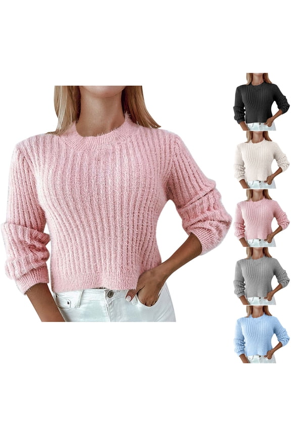 Cropped Fuzzy Sweater Tops for Women Crew Neck Long Sleeve Fall Winter Pullover Stretchy Shirts Fashion Comfy Soft Solid Cozy Loungewear Outdoor Knitwear Blouses