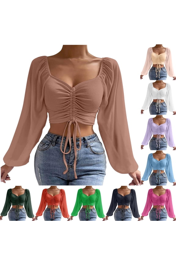 Cropped Shirts for Women Long Puff Sleeve Square Neck Solid Color Fashion Pullover Tops Fall Summer Spring Vacation Going out Blouses Casual T Shirts