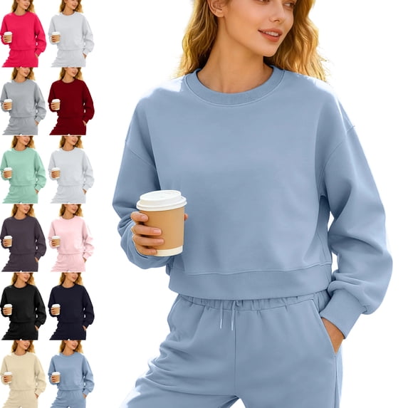 Danhjin Cropped Sweatshirts for Women Solid Color Fashion Crew Neck Pullover Tops Long Sleeve Loose Fall Winter Casual Comfy Soft Shirts
