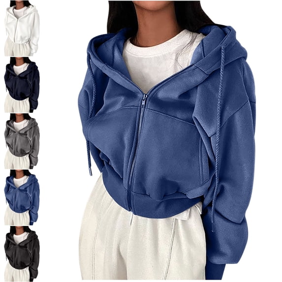 Danhjin Cropped Zip up Hoodies for Women Fall Winter Loose Sweatshirts Long Sleeve Comfy Soft Hooded Jackets Solid Color Fashion Outwear Coats