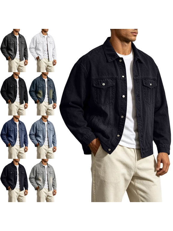 Denim Jackets for Men Button Lapel Fall Spring Long Sleeve Casual Jean Jackets Solid Color Fashion Comfy Coats Outwear