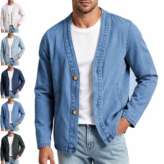 Danhjin Denim Jackets for Men Button V Neck Fall Spring Long Sleeve Casual Jean Jackets Solid Color Fashion Comfy Coats Outwear