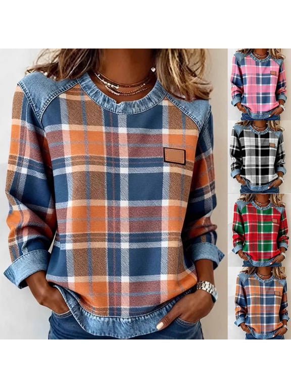 Denim Patch Sweatshirts for Women Plaid Fashion Crew Neck Pullover Tops Long Sleeve Loose Fall Winter Casual Comfy Soft Shirts