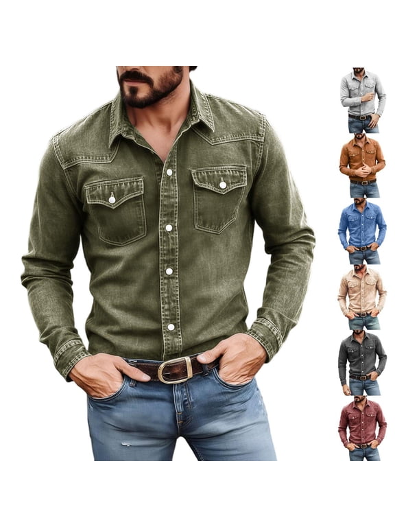 Denim Shirts for Men Button Down Cotton Long Sleeve Collared Casual Solid Color Tops Fashion Going out Working Comfy Soft Shirs with Chest Pockets