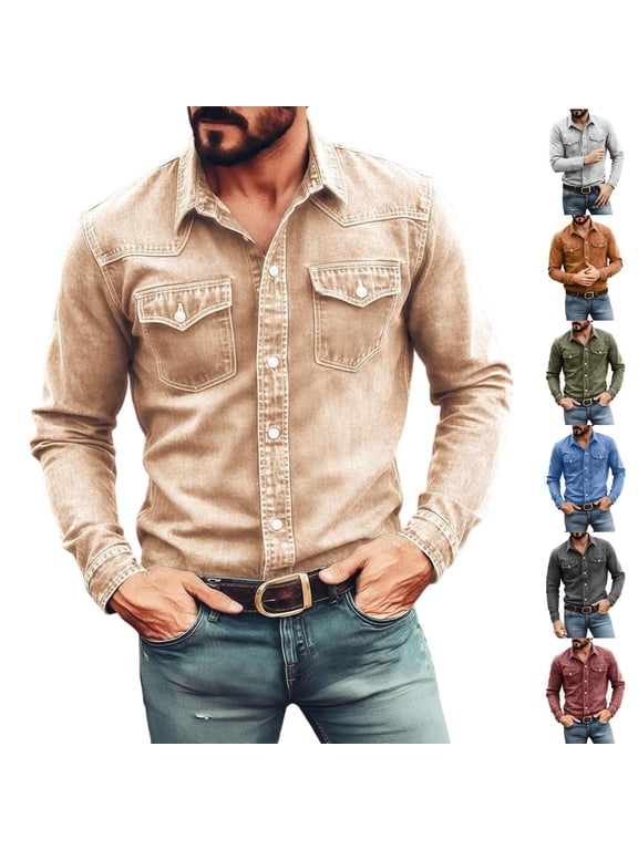 Denim Shirts for Men Button Down Cotton Long Sleeve Collared Casual Solid Color Tops Fashion Going out Working Comfy Soft Shirs with Chest Pockets