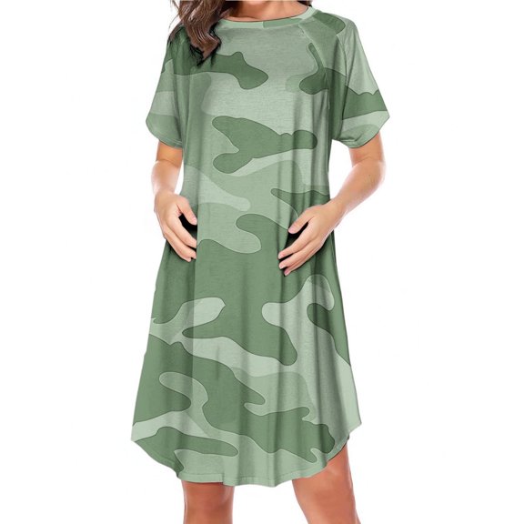 Danhjin Dress for Maternity T-Shirt Crew Neck Midi Dress Summer Camouflage Short Sleeve Lightweight Casual Comfy Loose Dress