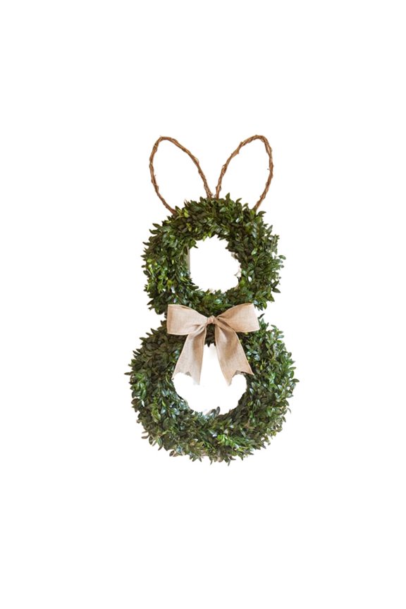 Easter Bunny Wreath for Front Door, Spring Door Decor with Realistic Green Foliage and Linen Bow Never Wilts Bunny Ear Shape, 17.72x9.84in