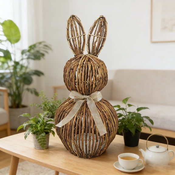 Danhjin Easter Decorations, Natural Rattan Hand-woven Bunny and Woven Basket for Table and Home Decor