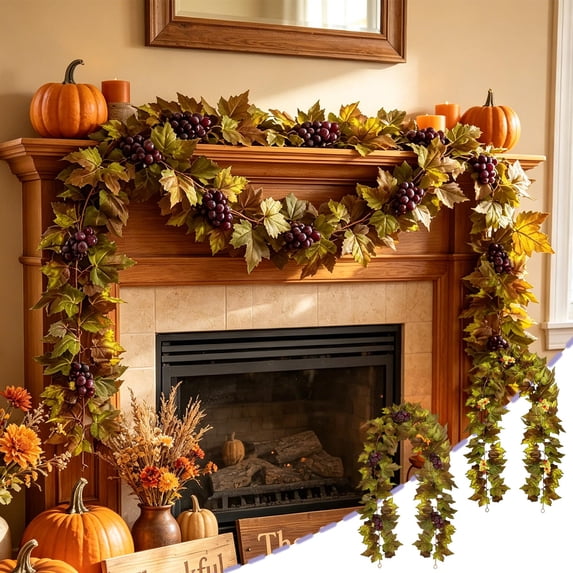 Danhjin Fall Garland 68.9in Lifelike Maples Leaf Pumpkin Garland with Berries Pine Cones, Fall Decorations for Home Thanksgiving Halloween Fireplace Farmhouse Porch Indoor Outdoor Decorations(Green)