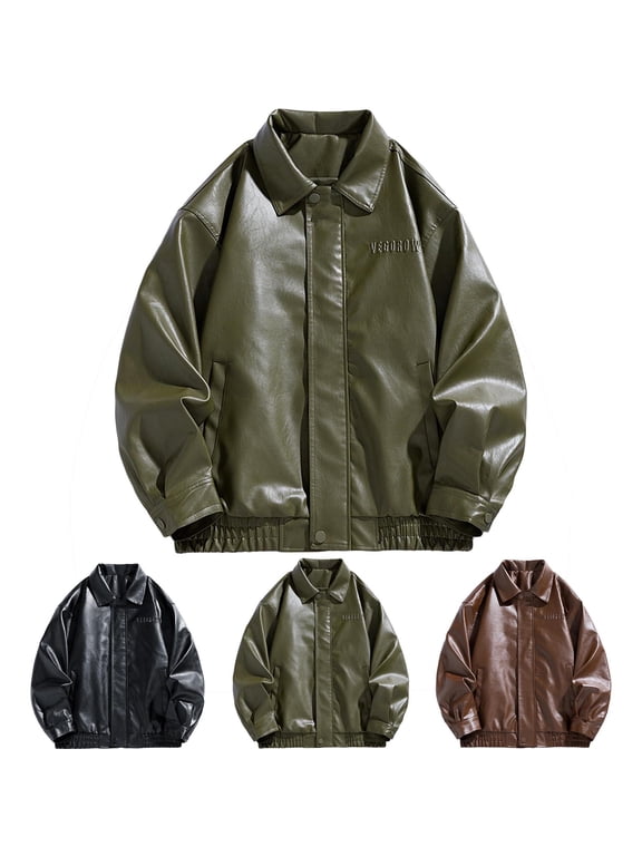 Faux Leather Jackets for Men Motorcycle Windbreak Zip up Lapel Fall Winter Long Sleeve Outdoor Coats Outwear