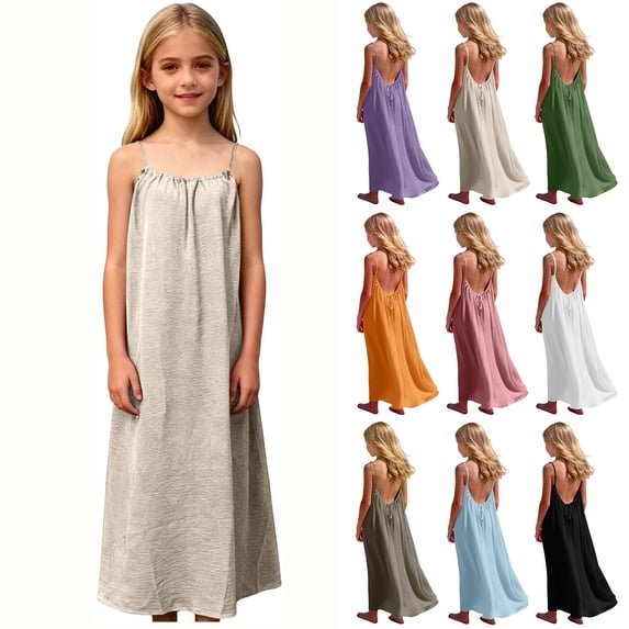 Danhjin Girls Backless Dresses Summer Casual Cottonn Lightweight Long Dresses with Back Adjustable Ties Spaghetti Straps Flowy Beach Sun Spring Cute Fashion Dress for Kids