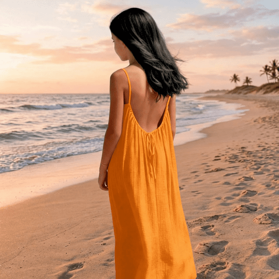 Danhjin Girls Backless Dresses Summer Casual Cottonn Lightweight Long Dresses with Back Adjustable Ties Spaghetti Straps Flowy Beach Sun Spring Cute Fashion Dress for Kids