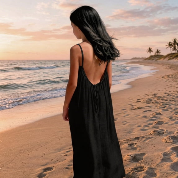 Danhjin Girls Backless Dresses Summer Casual Cottonn Lightweight Long Dresses with Back Adjustable Ties Spaghetti Straps Flowy Beach Sun Spring Cute Fashion Dress for Kids