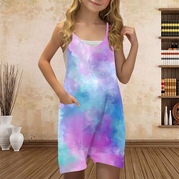 Danhjin Girls Summer Romper Kids Sleeveless Casual Spaghetti Strap Short Jumpsuit Loose Graphic Cute Comfy Romper with Pockets