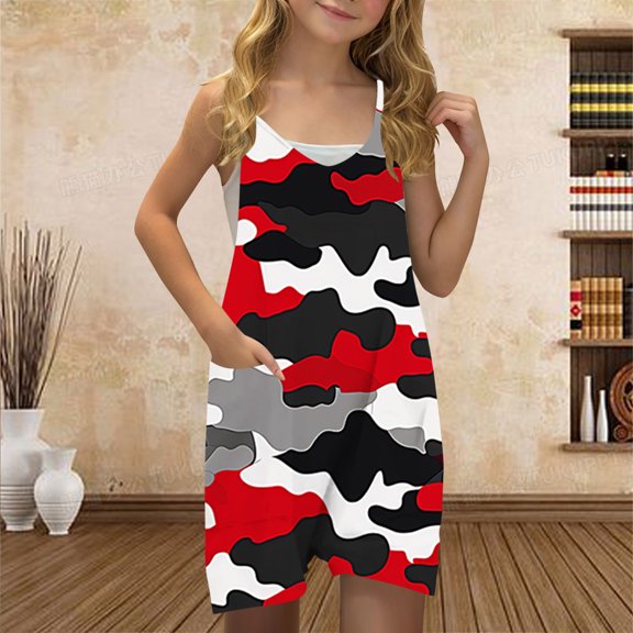 Danhjin Girls Summer Romper Kids Sleeveless Casual Spaghetti Strap Short Jumpsuit Loose Graphic Cute Comfy Romper with Pockets