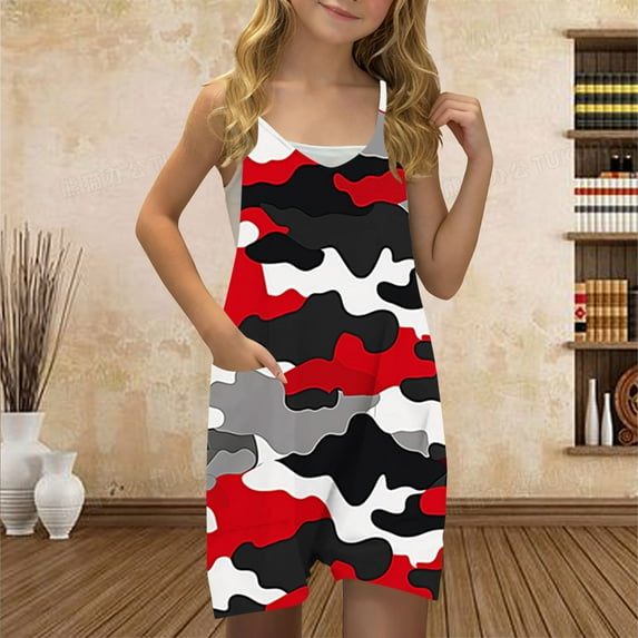 Danhjin Girls Summer Romper Kids Sleeveless Casual Spaghetti Strap Short Jumpsuit Loose Graphic Cute Comfy Romper with Pockets