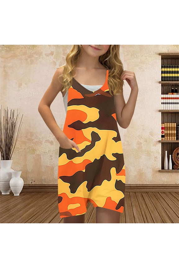Girls Summer Romper Kids Sleeveless Casual Spaghetti Strap Short Jumpsuit Loose Graphic Cute Comfy Romper with Pockets