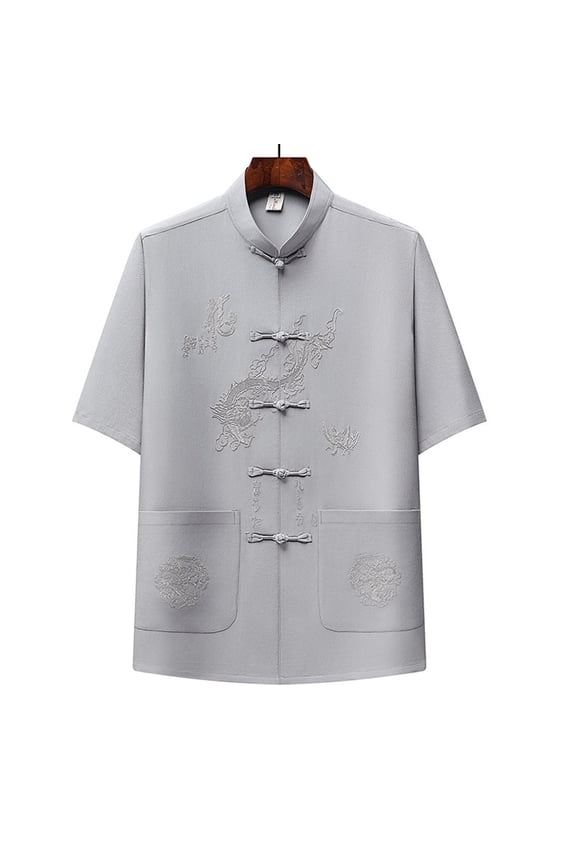 Gray Mens Dragon Embroidered Tang Suit Chinese Traditional Mandarin Collar Kung Fu Shirts Frog Button Short Sleeve Tai Chi Outfits Wushu Clothing