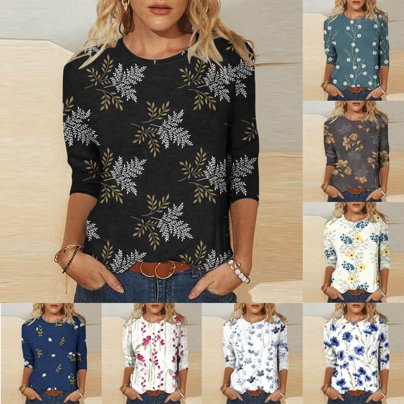 Danhjin Gray Womens Tops 3/4 Sleeve Shirts Round Neck Loose Casual Blouses Floral Print Tshirts