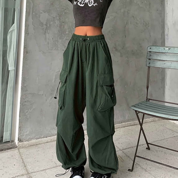 Danhjin Green Cargo Vintage Pants for Women Casual Pants Baggy Stretchy Wide Leg Streetwear Travel Hiking Pants