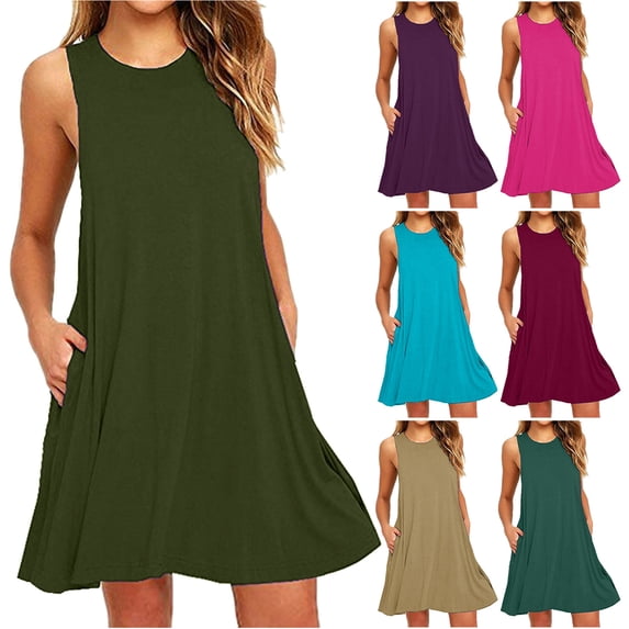 Green Women's Summer Dresses Casual Loose Sleeve Less Cre W Neck Sundress Ruffle He M Tank Dress Beach Dress with Pockets
