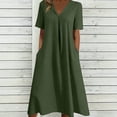 thumbnail image 1 of Danhjin Green Women's Summer Linen Midi Long Beach Dress Casual Flowy Loose A-Line Short Sleeve V Neck With Hem Dress Vacation Outfits Wrinkle-Free, 1 of 5