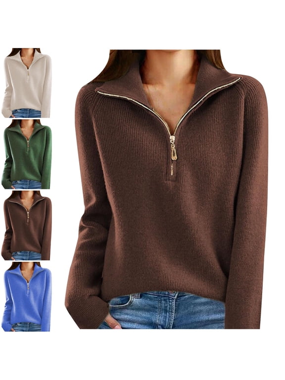 Half Zipper Sweater Tops for Women Collar V Neck Long Sleeve Fall Winter Pullover Stretchy Solid Shirts Fashion Comfy Soft Cozy Loungewear Outdoor Knitwear Blouses