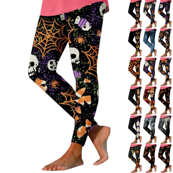 Danhjin Halloween Leggings for Women Print Stretchy High Waist Slim Graphic Yoga Pants Casual Workout Gym Running Comfy Soft Trousers