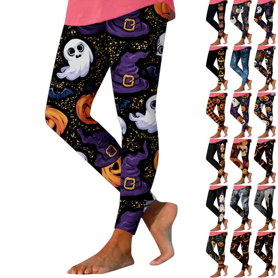 Danhjin Halloween Leggings for Women Print Stretchy High Waist Slim Graphic Yoga Pants Casual Workout Gym Running Comfy Soft Trousers