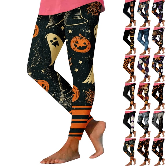 Danhjin Halloween Leggings for Women Print Stretchy High Waist Slim Graphic Yoga Pants Casual Workout Gym Running Comfy Soft Trousers