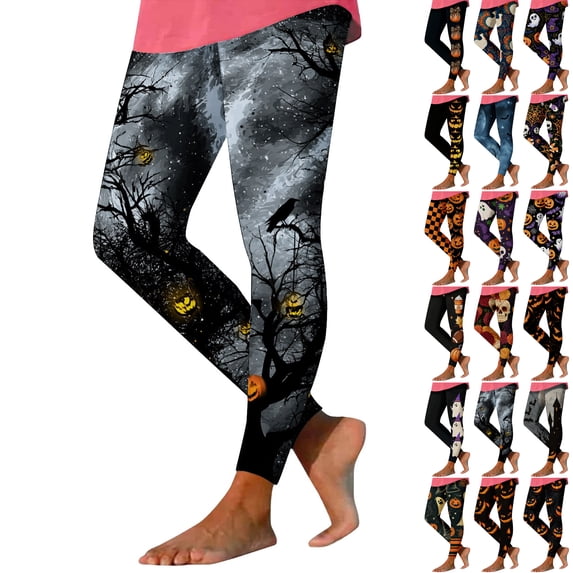Danhjin Halloween Leggings for Women Print Stretchy High Waist Slim Graphic Yoga Pants Casual Workout Gym Running Comfy Soft Trousers